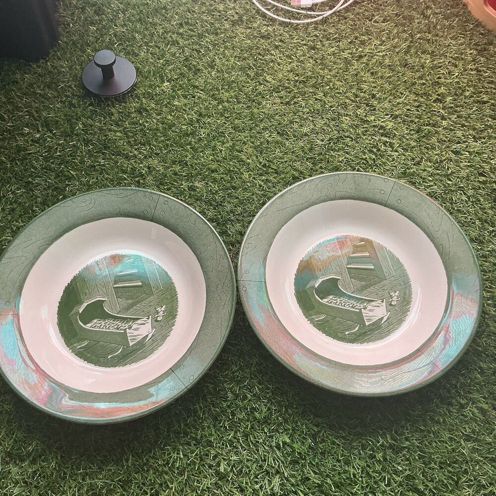 Vintage Royal China Colonial Homestead Green Bowls Set of 2 USA 8.5” 1950s